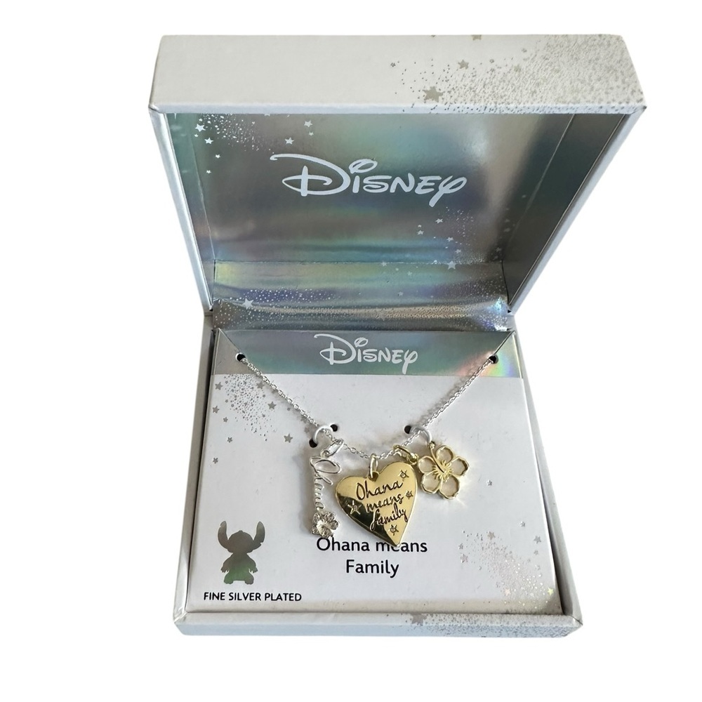 Disney Lilo & Stitch Ohana Means Family Triple Charm Silver Plated Necklace
